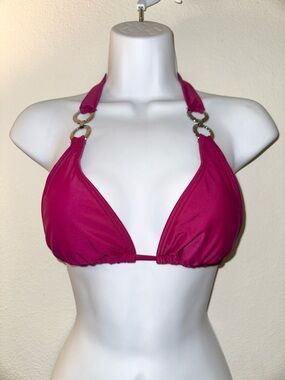 L*Space Hot Pink Triangle Halter Bikini Top Gold Ring Small